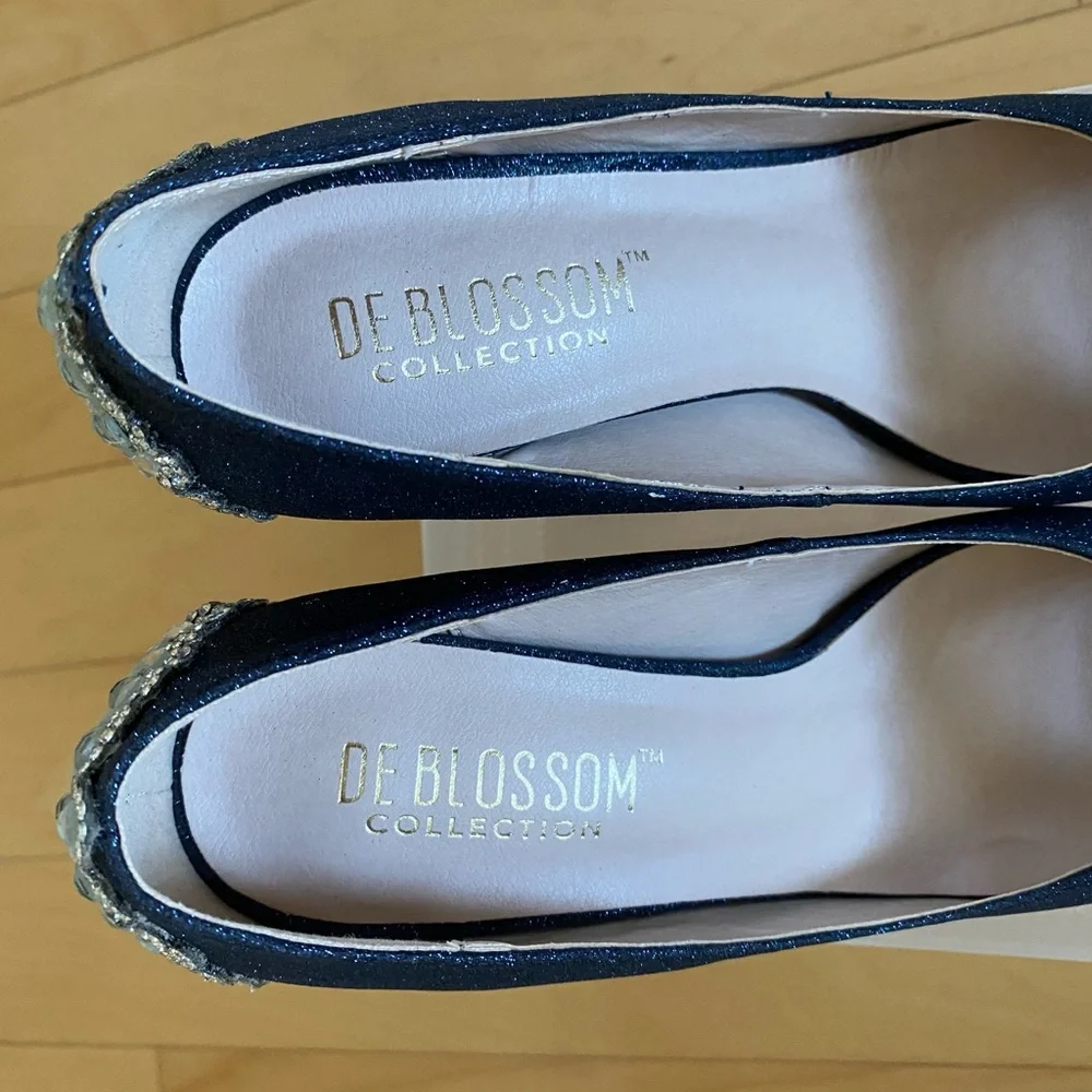 Women's Navy Glitter Peep-Toe Heels with Crystal Accent